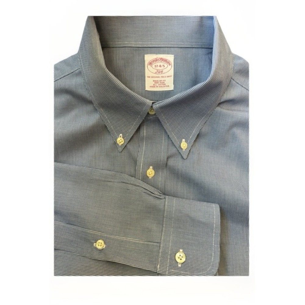 Brooks Brothers 346‎ Blue Houndstooth Non Iron Regular Fit Cotton Shirt  17 4/5